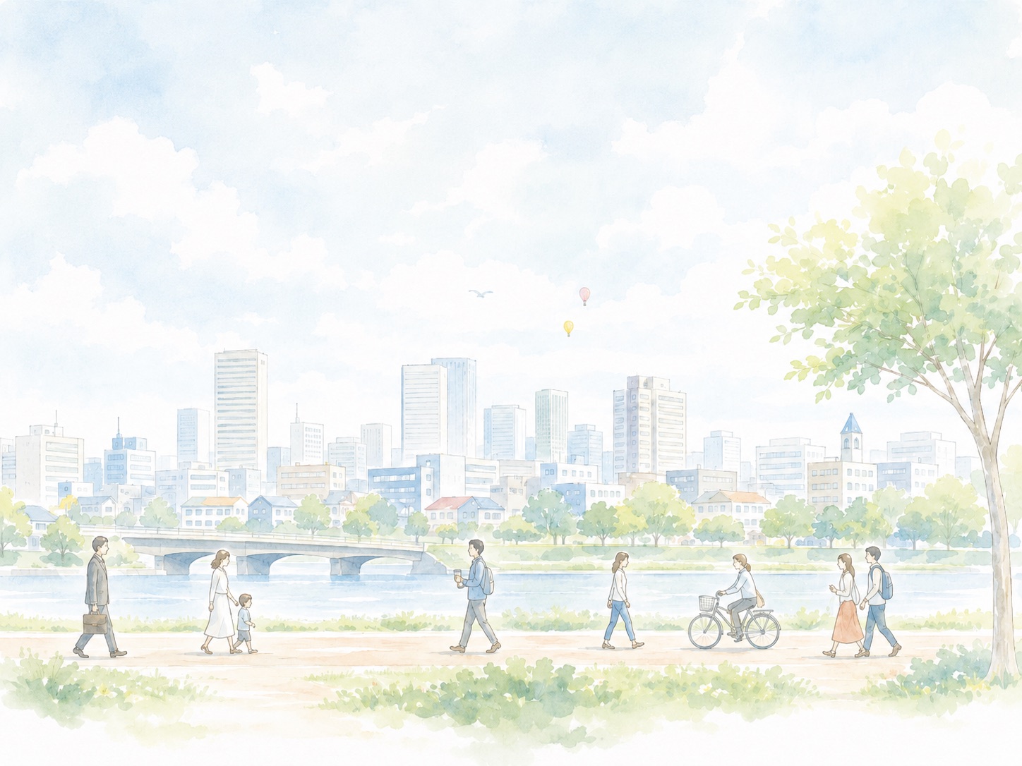 川沿いの道を歩く人々と街並みを描いたやわらかな水彩のイメージイラスト